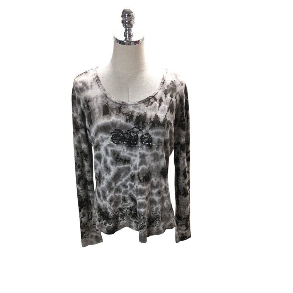 Vintage Harley Davidson Top Women's Size Large Black Gray Tie Dye Long Sleeve